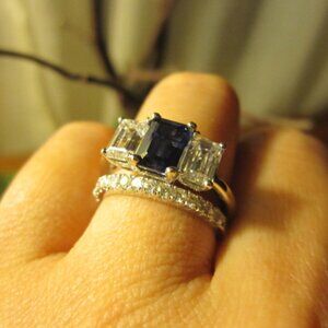 SOLID 14K White Gold 2.20ctw Diamond & Sapphire WINK CZ 3-Stone Engagement Ring